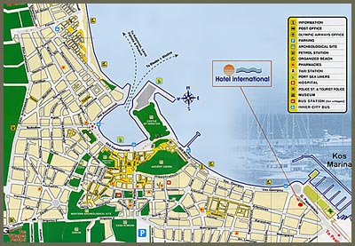 hotels and kos >> Map of the area with the location of International Hotel